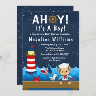 Nautical Boy Monkey Red and Navy Baby Shower Invitation