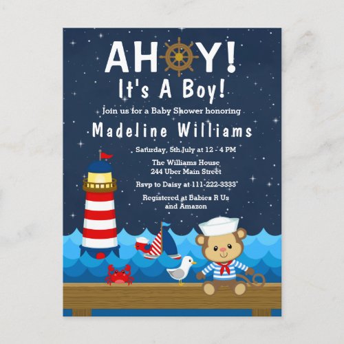 Nautical Boy Monkey Red and Navy Baby Shower Postcard