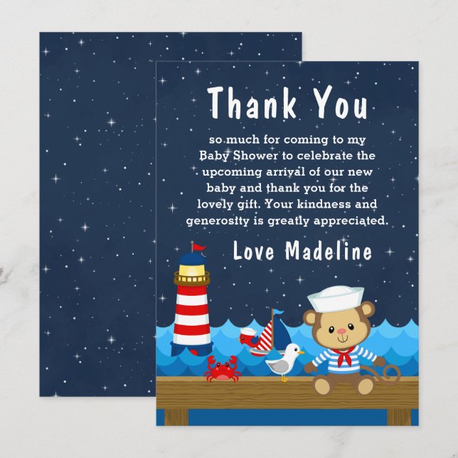 Nautical Boy Monkey Red and Navy Baby Shower Thank You Card (Front/Back)