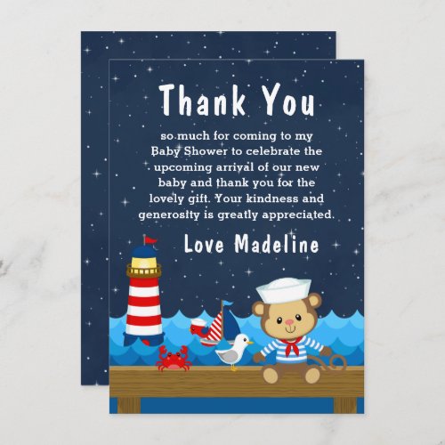 Nautical Boy Monkey Red and Navy Baby Shower Thank You Card