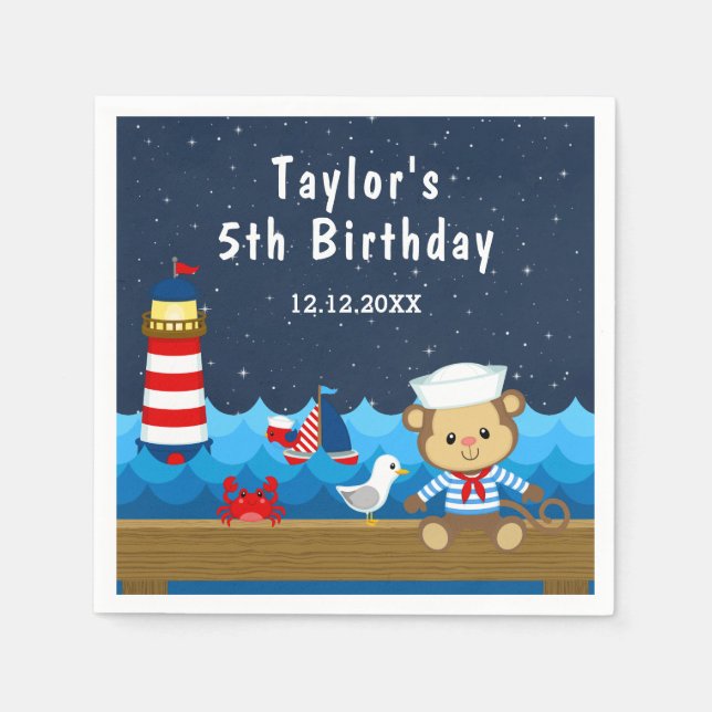 Nautical Boy Monkey Red and Navy Birthday Party Napkins (Front)