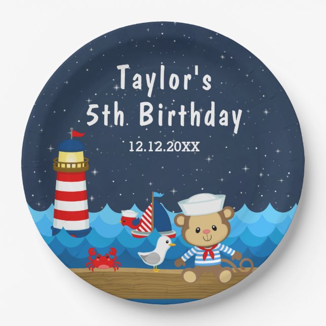 Nautical Boy Monkey Red and Navy Birthday Party Paper Plates (Front)