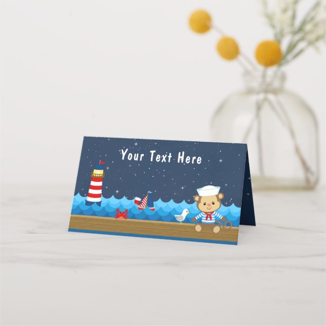 Nautical Boy Monkey Red and Navy Birthday Party Place Card (Front)