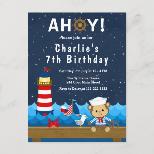 Nautical Boy Monkey Red and Navy Birthday Party Postcard