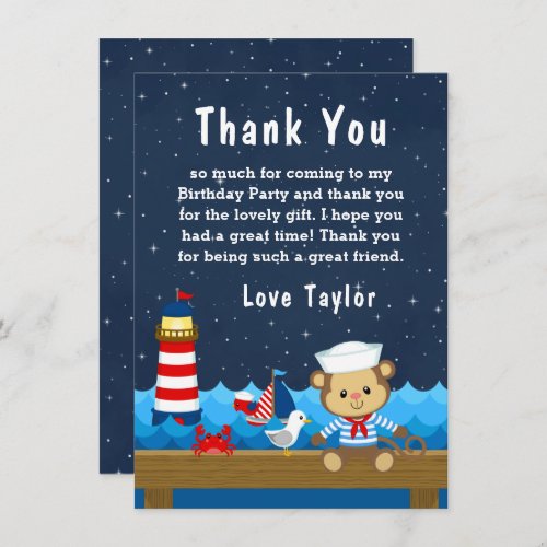 Nautical Boy Monkey Red and Navy Birthday Party Thank You Card