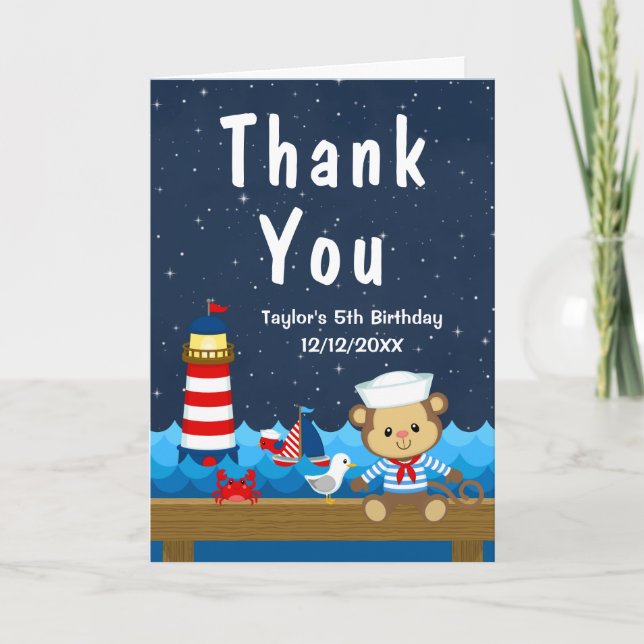Nautical Boy Monkey Red and Navy Birthday Party Thank You Card (Front)