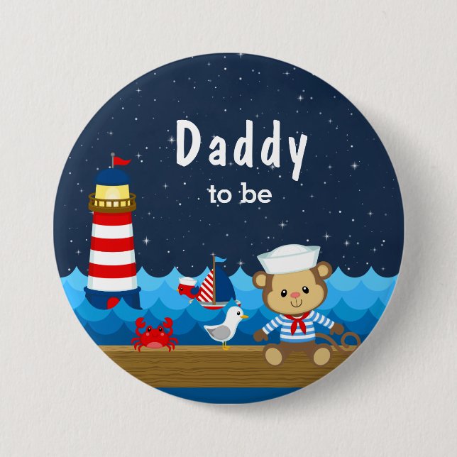 Nautical Boy Monkey Red and Navy Daddy To Be Button (Front)