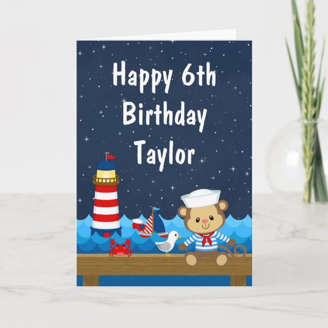 Nautical Boy Monkey Red and Navy Happy Birthday Card (Front)