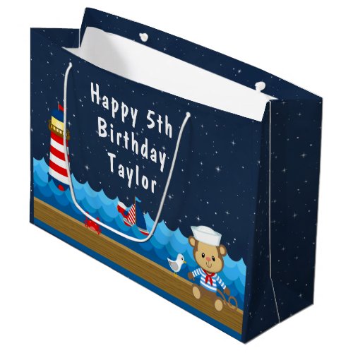 Nautical Boy Monkey Red and Navy Happy Birthday Large Gift Bag