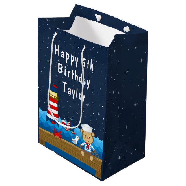 Nautical Boy Monkey Red and Navy Happy Birthday Medium Gift Bag (Front Angled)