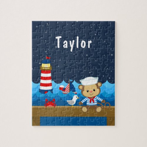 Nautical Boy Monkey Red and Navy Jigsaw Puzzle