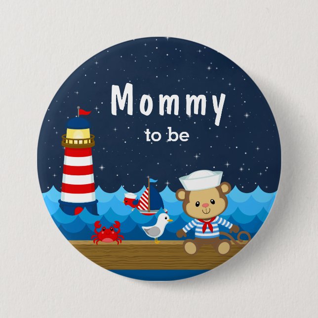 Nautical Boy Monkey Red and Navy Mommy To Be Button (Front)