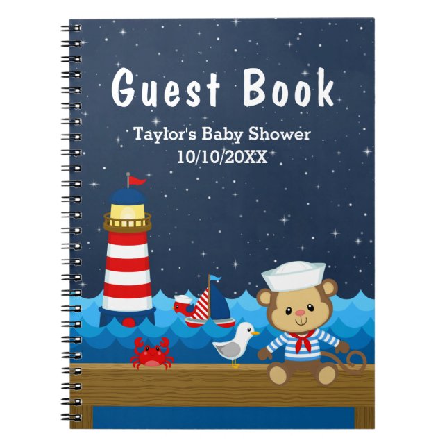 Nautical Boy Monkey Red Baby Shower Guest Book (Front)
