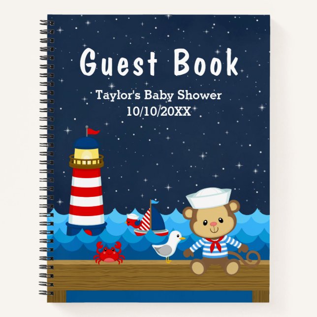 Nautical Boy Monkey Red Baby Shower Guest Book (Front)
