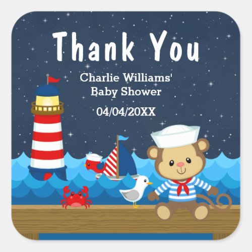 Nautical Boy Monkey Red Baby Shower Thank You Square Sticker