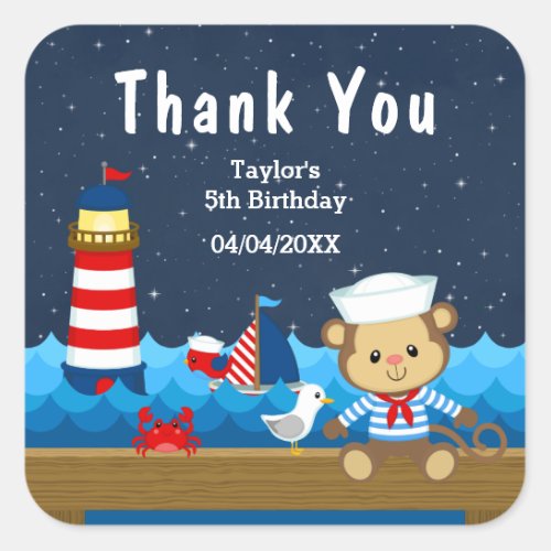 Nautical Boy Monkey Red Birthday Party Thank You Square Sticker