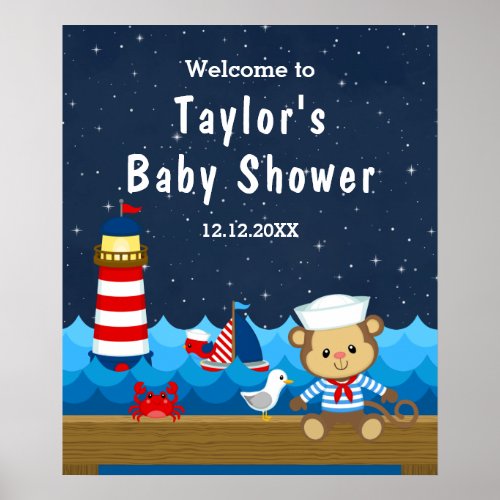 Nautical Boy Monkey Red Navy Baby Shower Welcome Poster