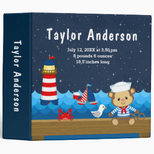 Nautical Boy Monkey Red Navy Birth Statistics 3 Ring Binder