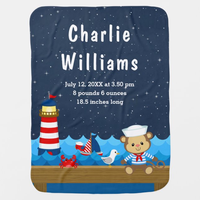 Nautical Boy Monkey Red Navy Birth Statistics Baby Blanket (Front)