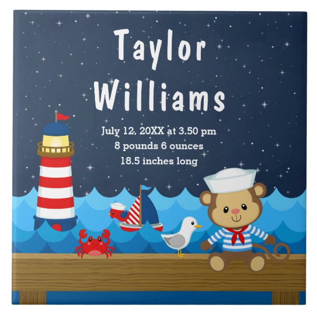 Nautical Boy Monkey Red Navy Birth Statistics Ceramic Tile (Front)