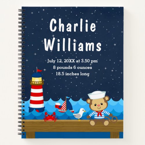 Nautical Boy Monkey Red Navy Birth Statistics Notebook