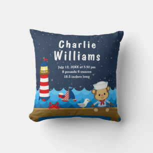 Nautical Boy Monkey Red Navy Birth Statistics Throw Pillow