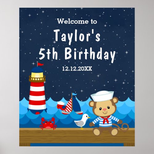 Nautical Boy Monkey Red Navy Birthday Welcome Poster