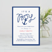 Nautical Boy Navy Blue Anchor Baby Shower Invitation (Standing Front)
