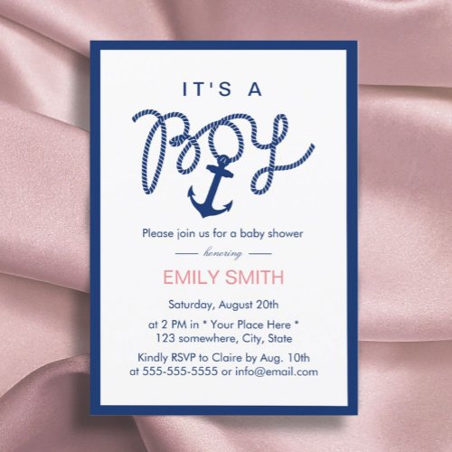 Nautical Boy Navy Blue Anchor Baby Shower Invitation