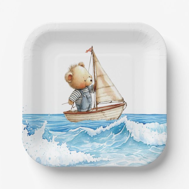 Nautical Boy Sailor Teddy Bears Baby Shower Paper Plates (Front)