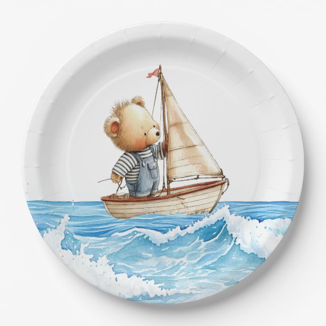 Nautical Boy Sailor Teddy Bears Baby Shower Paper Plates (Front)