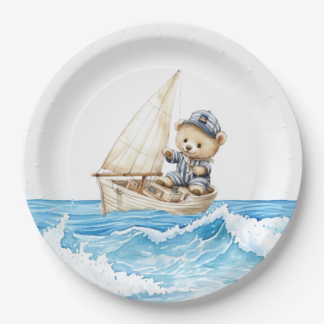 Nautical Boy Sailor Teddy Bears Baby Shower Paper Plates (Front)