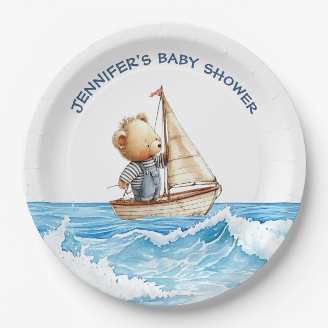 Nautical Boy Sailor Teddy Bears Baby Shower Paper Plates (Front)