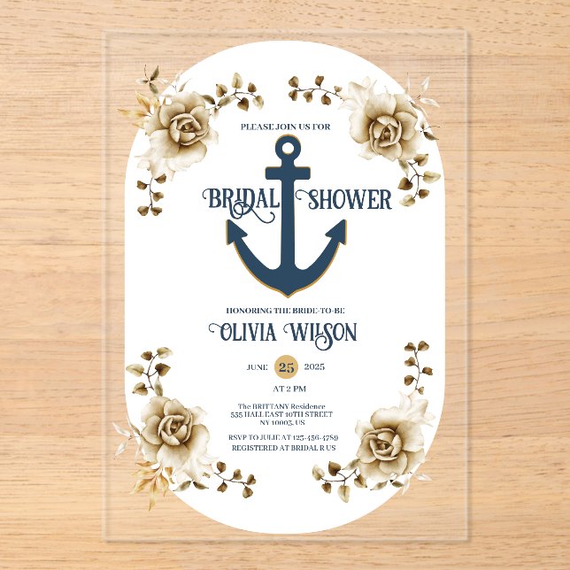 Nautical Bridal Shower Anchor Blue Gold Floral  Acrylic Invitations (Front)