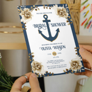 Nautical Bridal Shower Anchor Blue Gold Floral Invitation