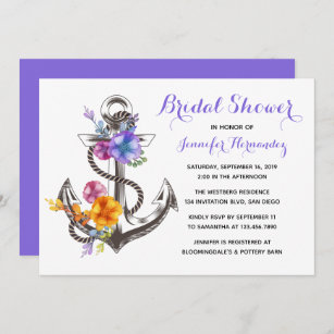 Nautical Bridal Shower Anchor Purple Flower Floral Invitation