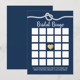 Nautical Bridal Shower Bingo Game Navy Blue Invitation | Zazzle