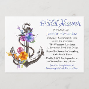 Nautical Bridal Shower Blue Anchor Floral Invitation