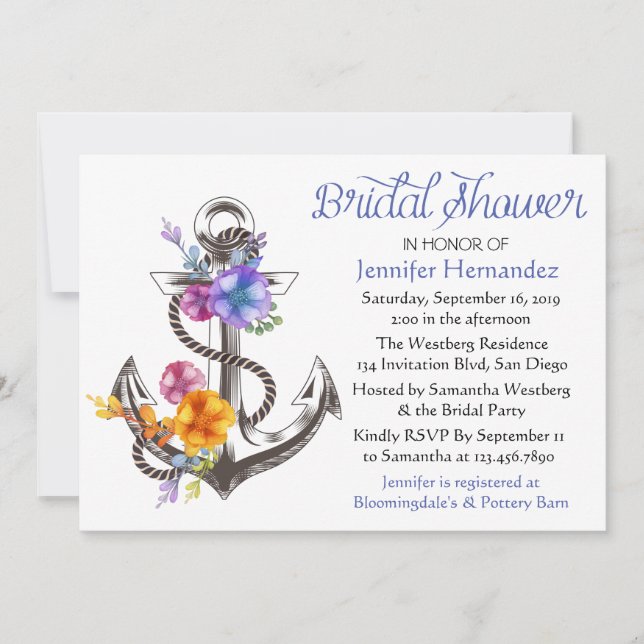 Nautical Bridal Shower Blue Anchor Floral Invitation (Front)