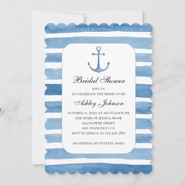 Nautical bridal shower. Blue anchor invitation (Front)