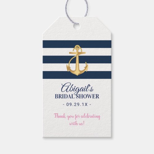 Nautical Bridal Shower Gold Anchor Navy Stripes Gift Tags