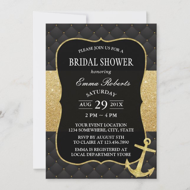 Nautical Bridal Shower Golden Anchor Black & Gold Invitation (Front)