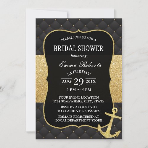 Nautical Bridal Shower Golden Anchor Black  Gold Invitation