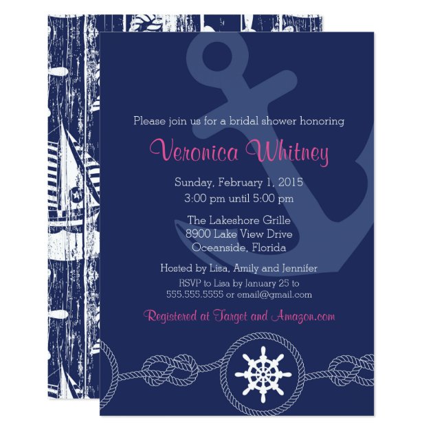 Nautical Bridal Shower Invitation, Pink And Navy Card