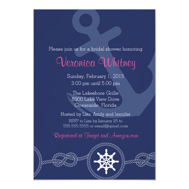 Nautical Bridal Shower Invitation, Pink And Navy Card