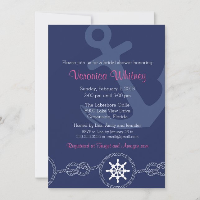 Nautical Bridal Shower Invitation, Pink and Navy Invitation (Front)