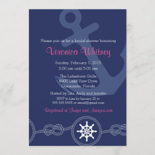 Nautical Bridal Shower Invitation, Pink and Navy Invitation