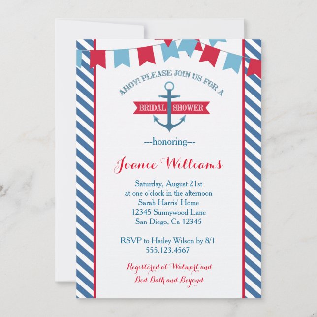 Nautical Bridal Shower Invitation Red and Blue (Front)