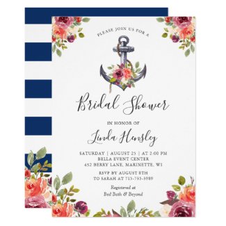 Nautical Bridal Shower Navy Stripes Anchor Floral Invitation