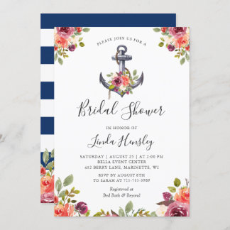 Nautical Bridal Shower Navy Stripes Anchor Floral Invitation